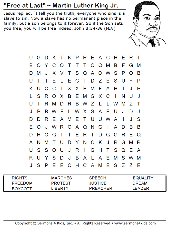 Martin Luther King Jr Day Word Search Sermons4Kids