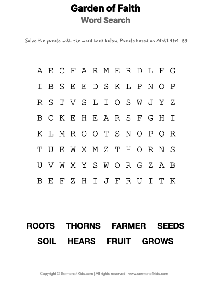 Parable of the Seeds word-search | Children's Sermons from Sermons4Kid...