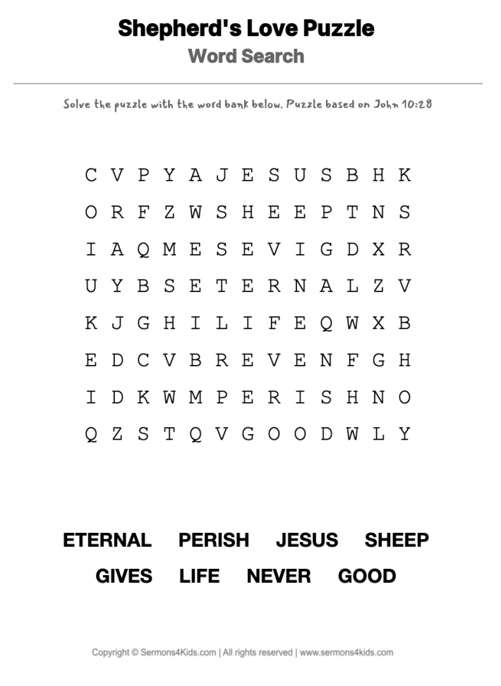 In the Palm of His Hand word-search