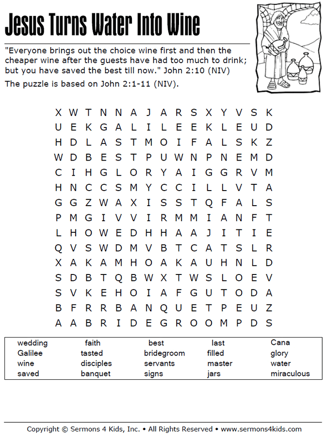 Jesus Turns Water to Wine Word Search Sermons4Kids