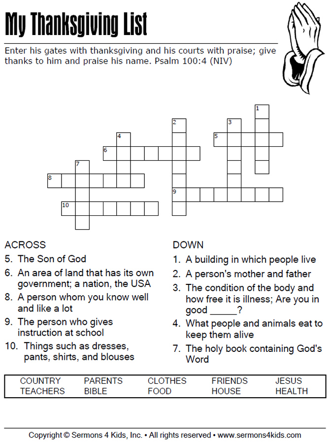 Thanksgiving List Crossword | Sermons4Kids - Thanksgiving Bible Word Search Printable