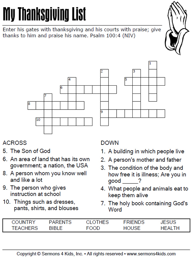 Thanksgiving List Crossword | Sermons4Kids