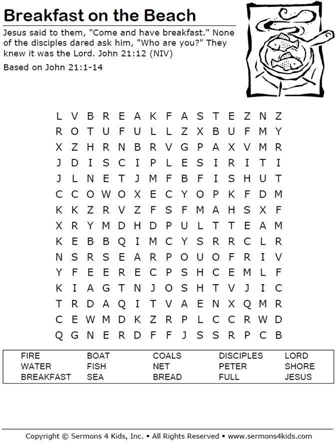 Breakfast On The Beach Word Search Sermons4Kids